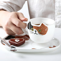 Cat coffee and tea mugs with ears and ceramic tray and spoon included