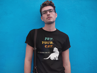 Guy wearing a cool cat t-shirt- Pet your cat